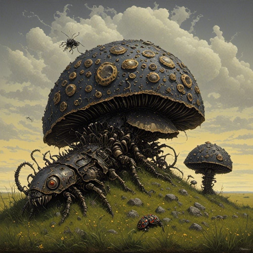 Alien Insect Megafauna Grazing Among Giant Mushrooms
