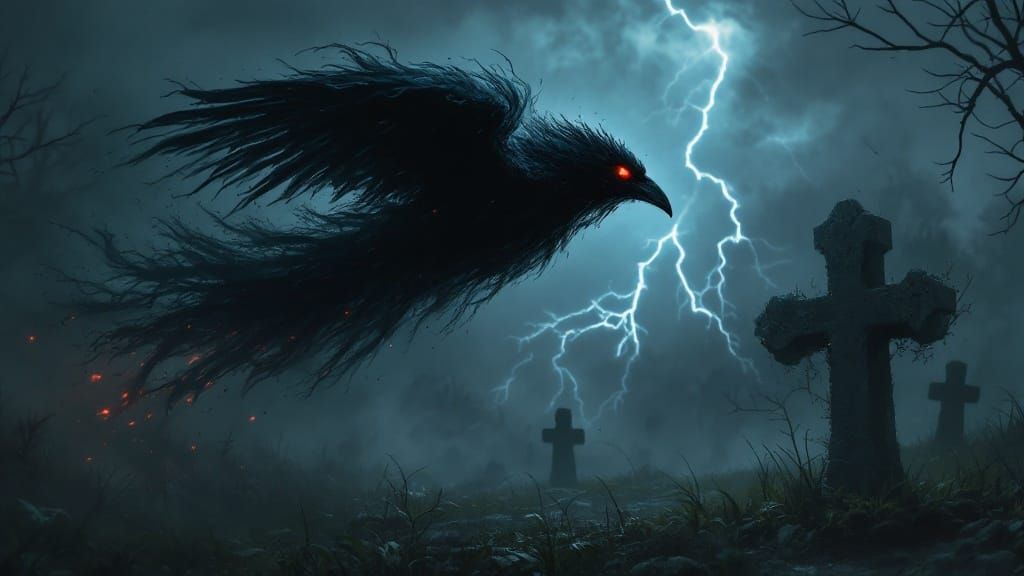 Dark Spirit Raven Soars Over a Haunted Graveyard at Night