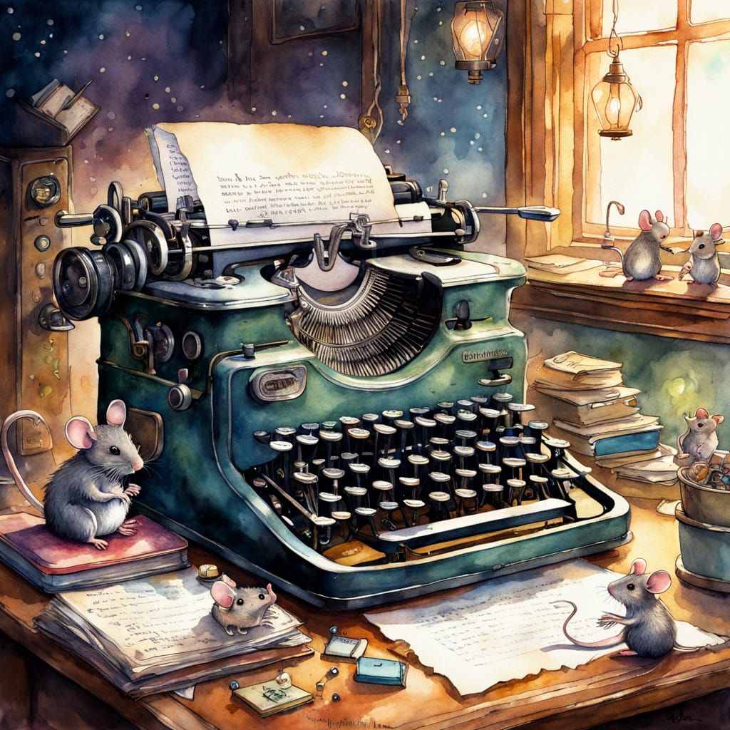 Mice Play on Typewriter in Whimsical Watercolor Art