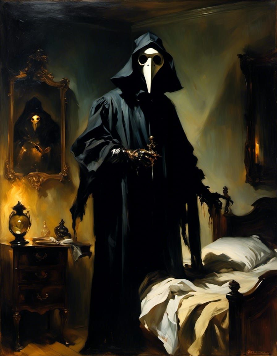 Demonic Plague Doctor Haunts Hospital in Chiaroscuro Style