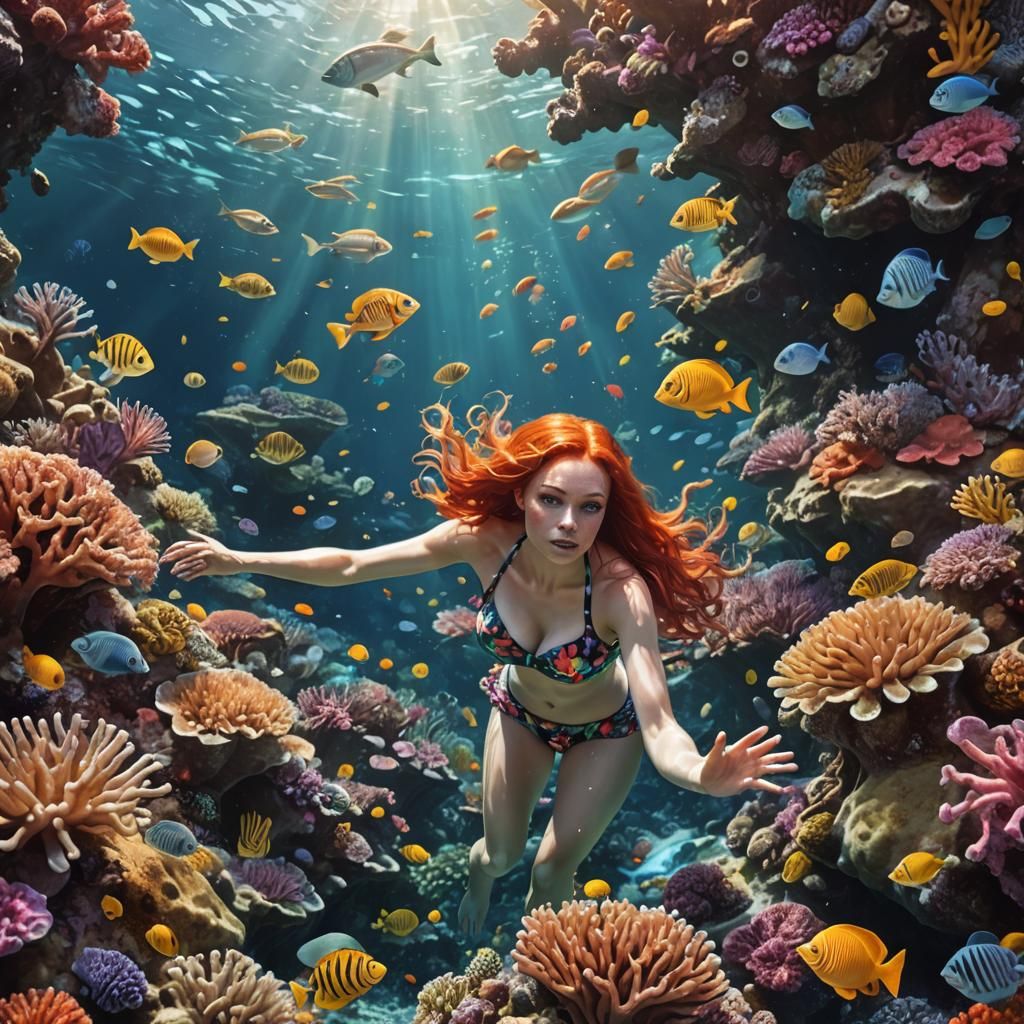 Redhead Woman with Unique Face in Coral Reef