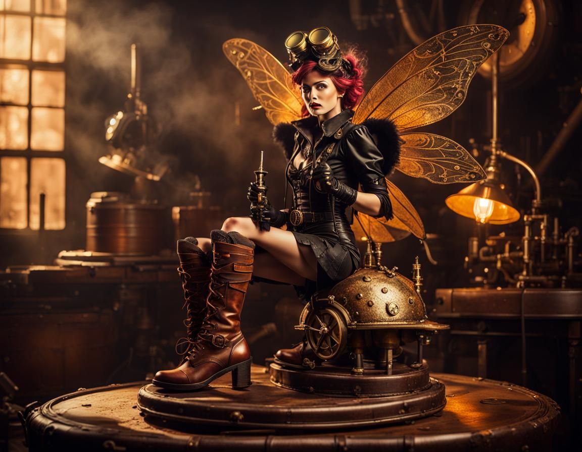 Steampunk Fairy Queen on Mushroom with Brass Goggles