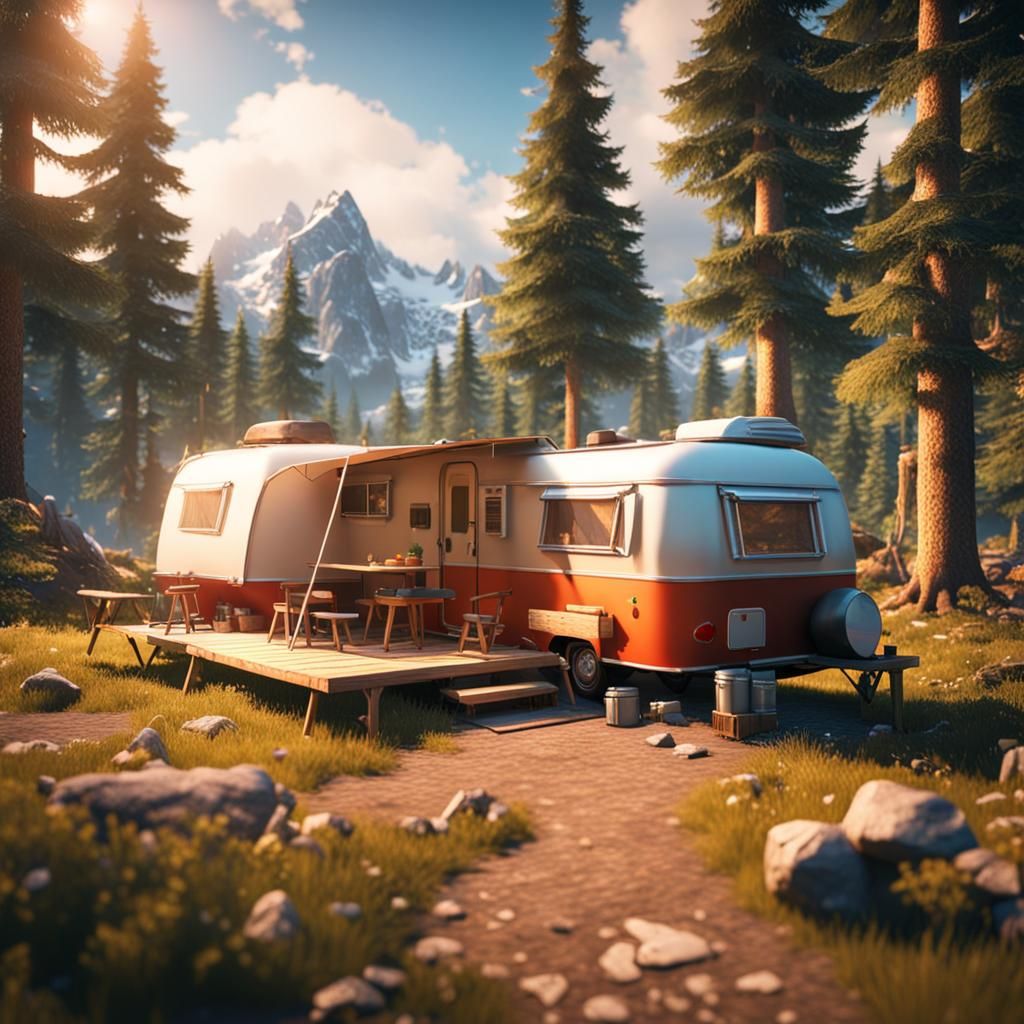 Detailed Camper at Campsite: 3D Game Cinematic