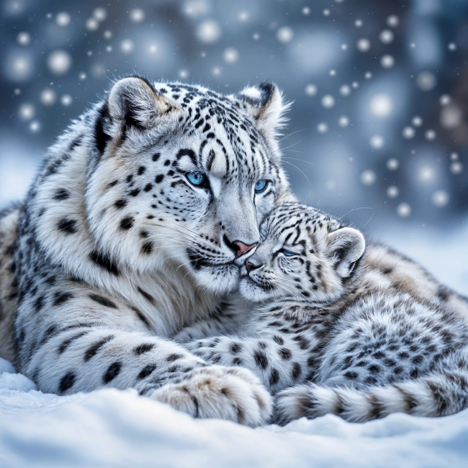 Mother Snow Leopard Cuddles Cub in Gentle Snowfall