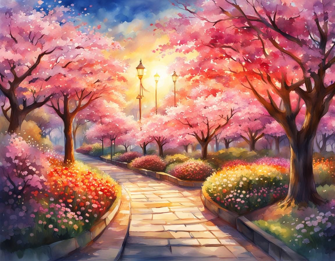 Vivid Sakura Park at Sunset in Watercolor