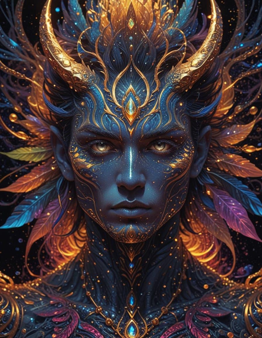 Golden Pointillism Fantasy Hybrid Creature with Tribal Tatto...