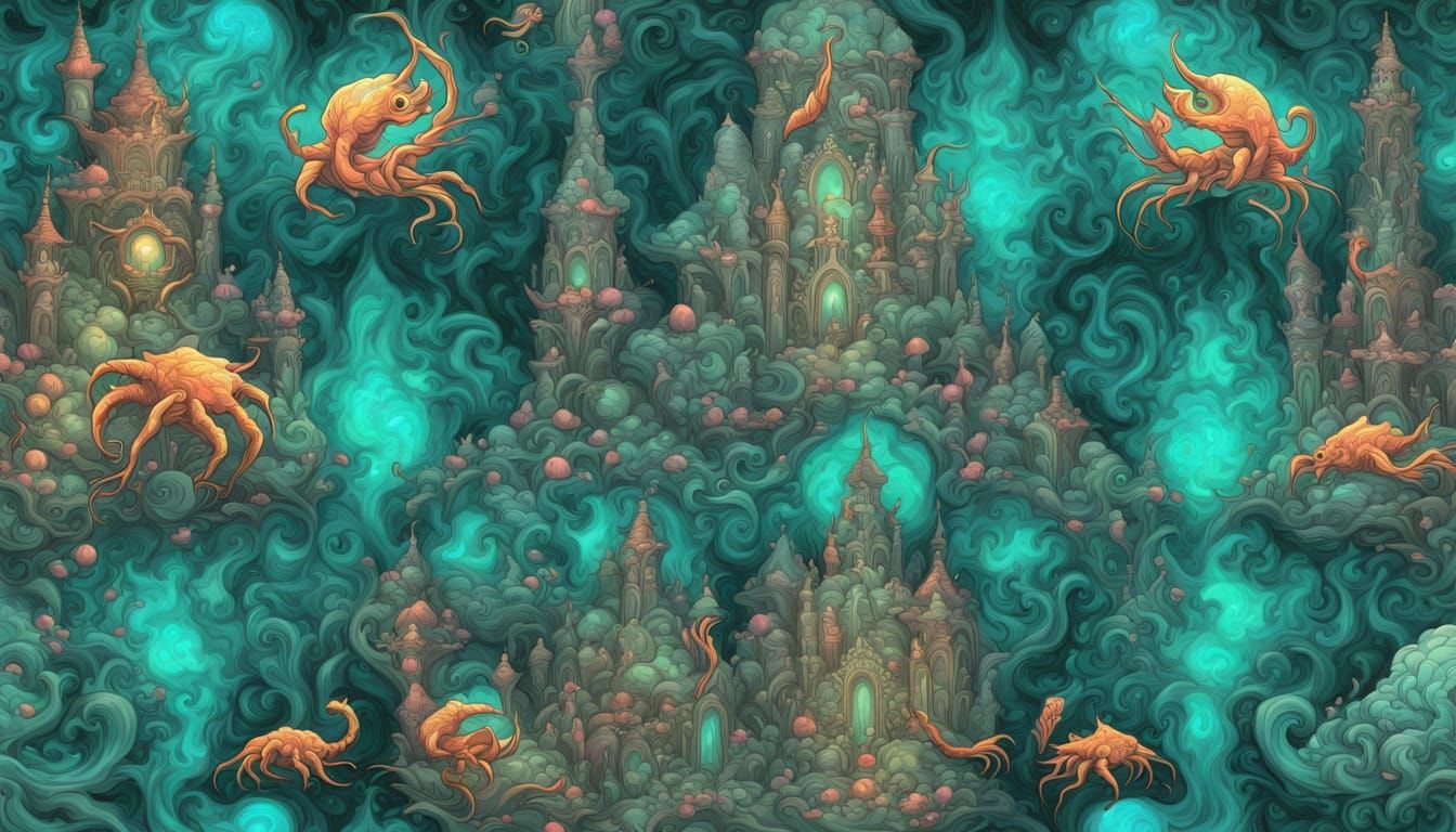 Amano-Inspired Aquatic Metropolis at Dusk