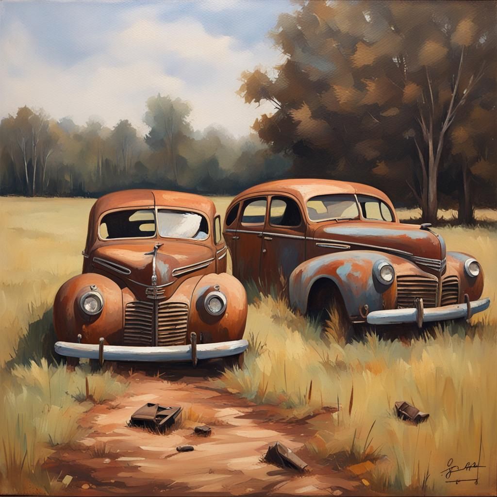 Oil painting abandoned in a field rusted 1940s cars
