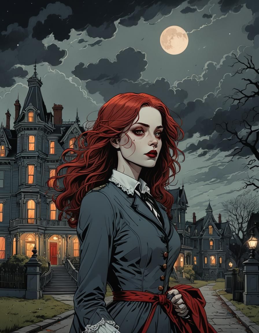 Half-body, best quality, masterpiece, style of deborah azzopardi and loish, young beautiful 1girl long red_bloodhair wal...