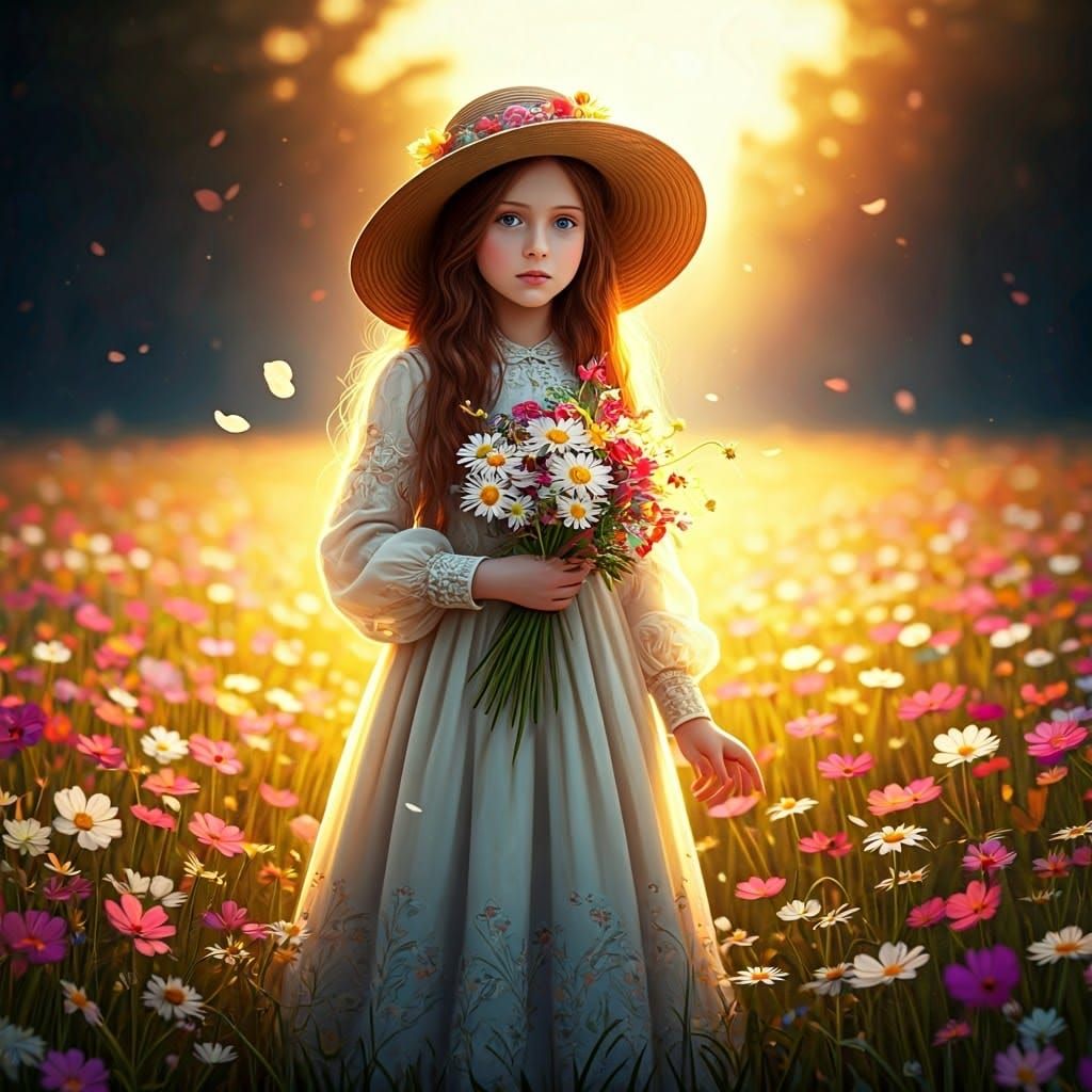 Whimsical Girl in a Field of Flowers, Inspired by Art Nouvea...