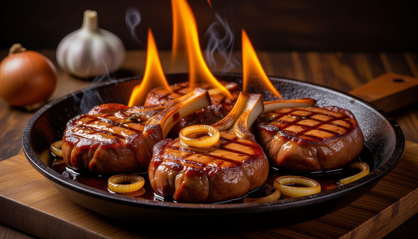 Sizzling Flaming Steaks with Onions and Garlic