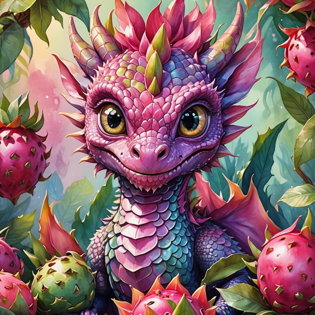 Cute Dragon with Dragon Fruit Watercolor Illustration