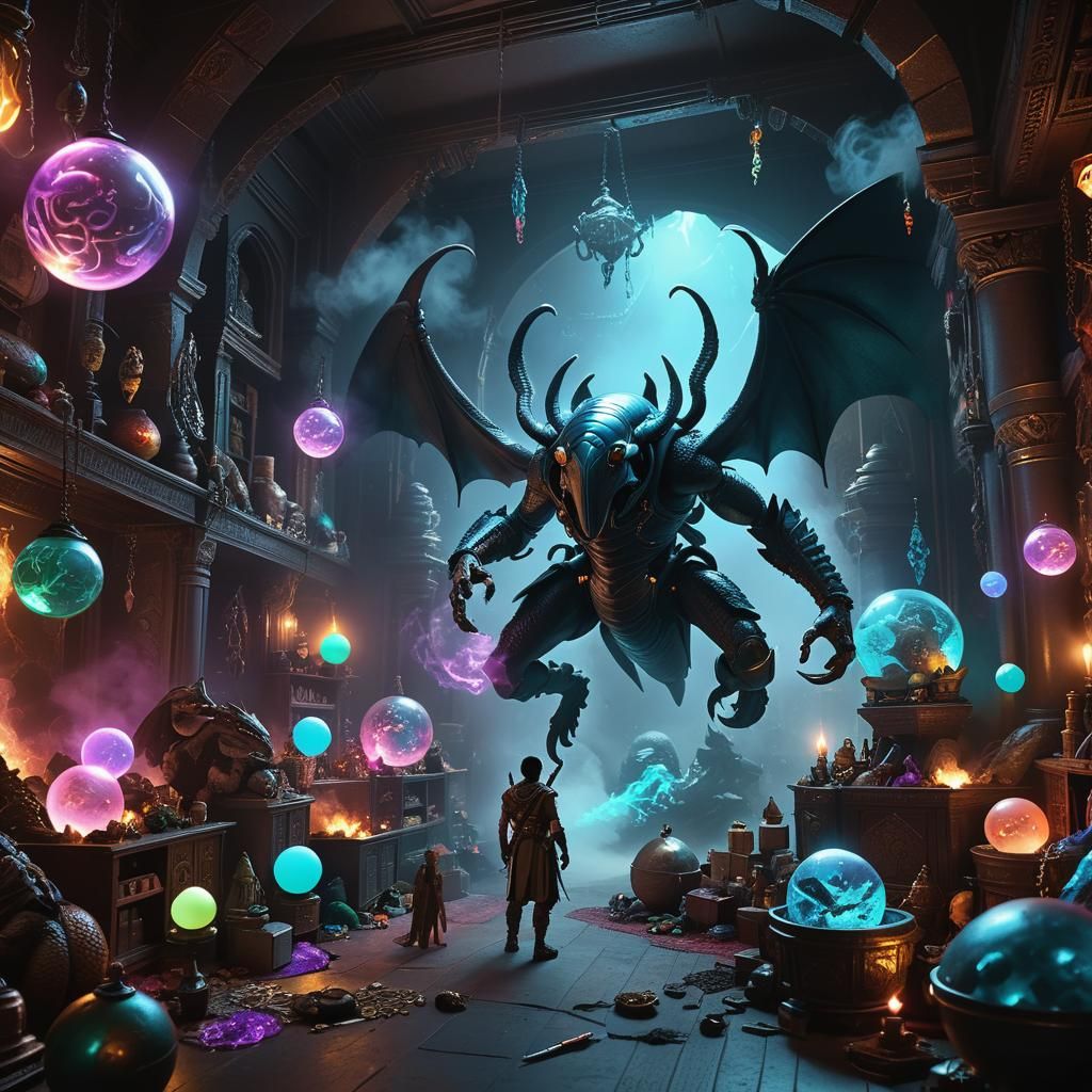 Adventurer Surrounded by Loot in Neon Ink Splatter Art