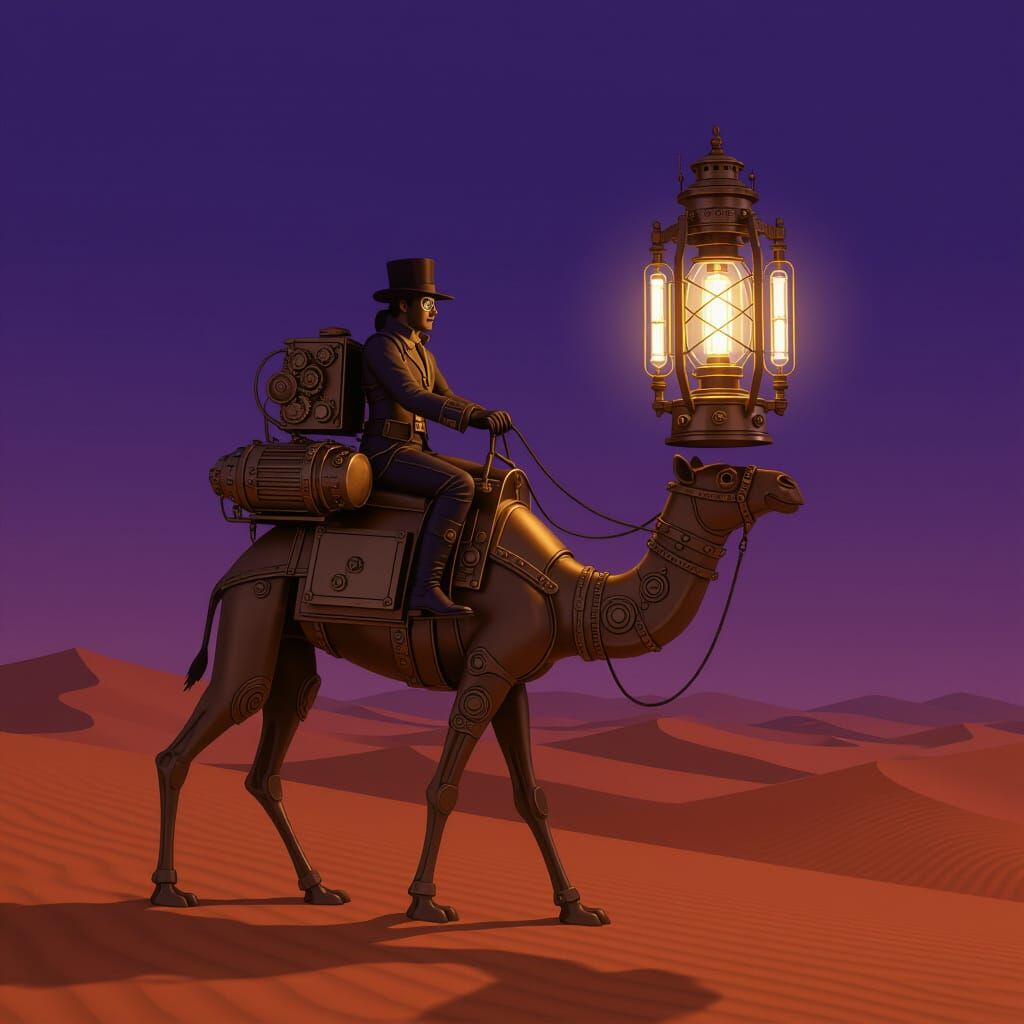 Steampunk Nomad Rides Mechanical Camel at Twilight