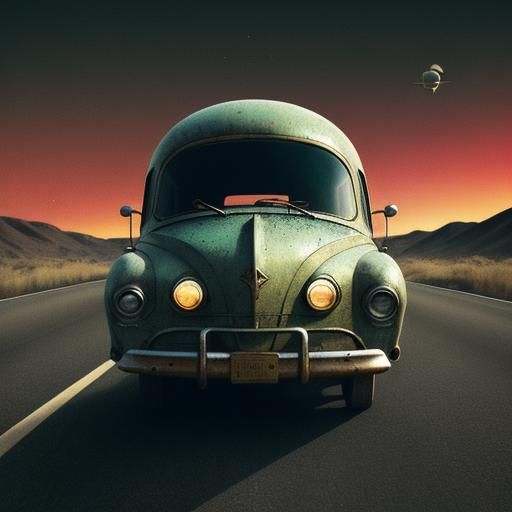 Retro Sci-Fi Flying Saucer Over Deserted Highway