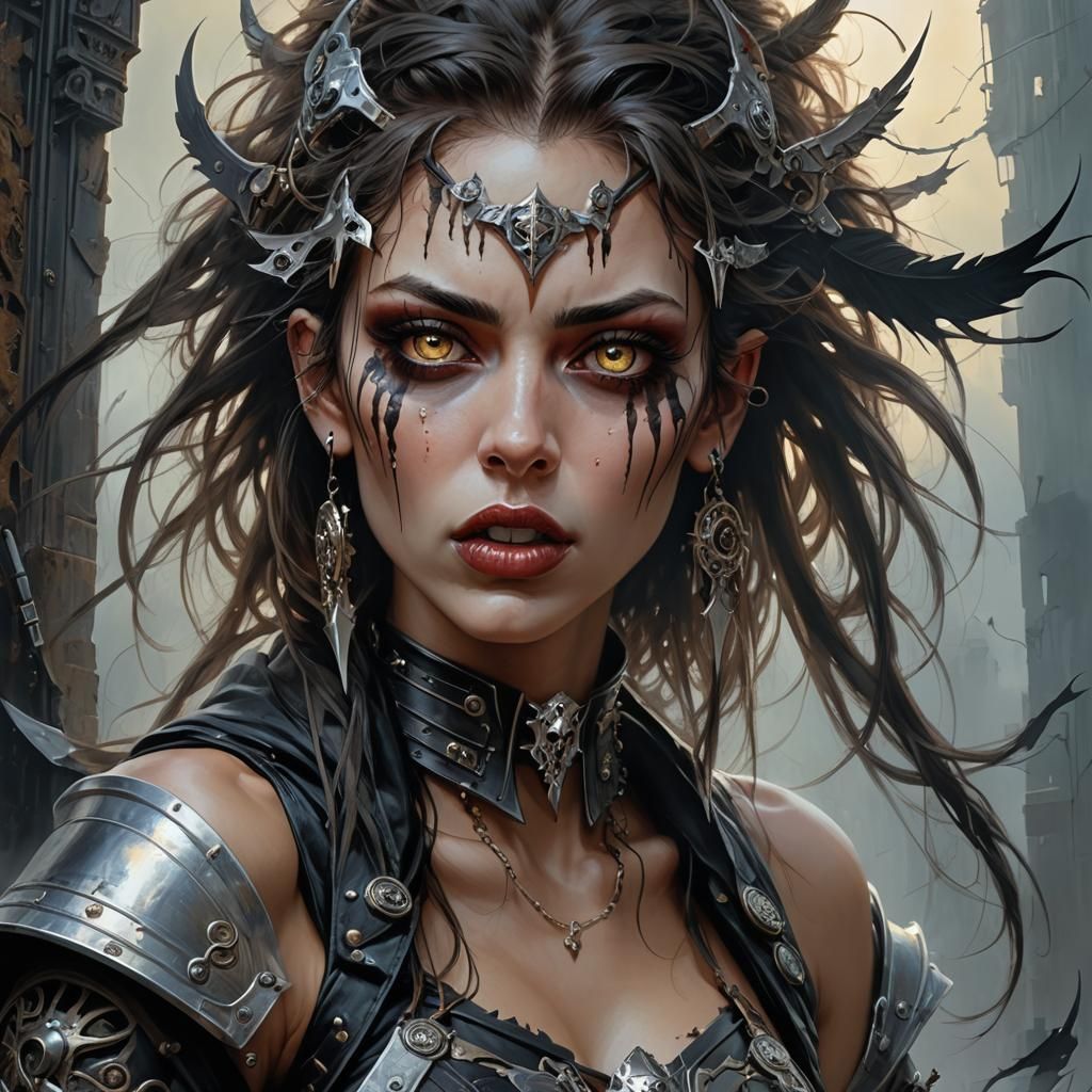 Gothic Woman in Post-Apocalyptic Acrylic Painting