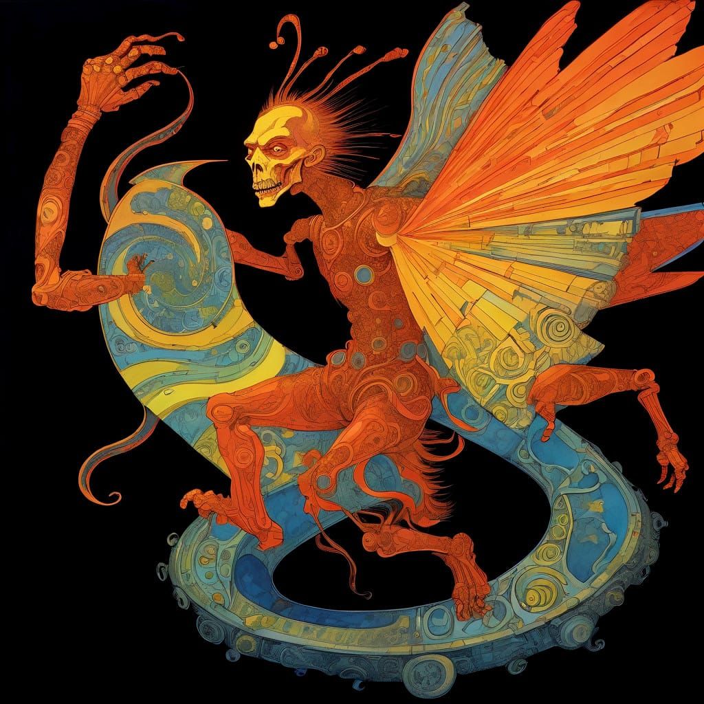 Whimsical Cosmic Scene in Folk Art Style