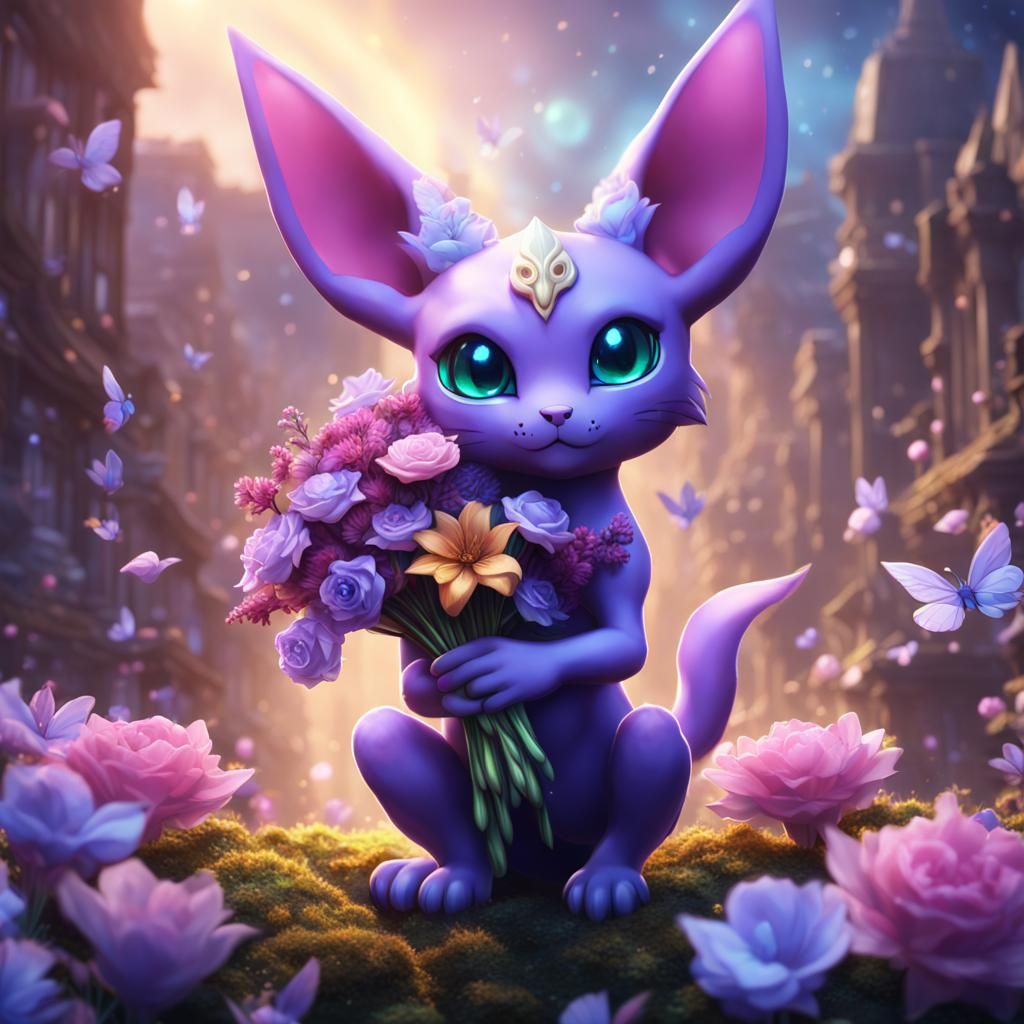 Cute espeon holding a bouquet of flowers