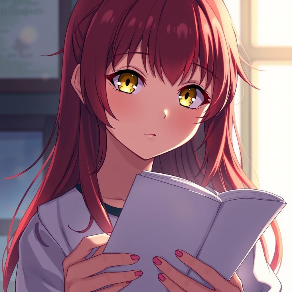 Golden-Eyed Girl Reading: Vibrant Cel-Shaded Anime Art