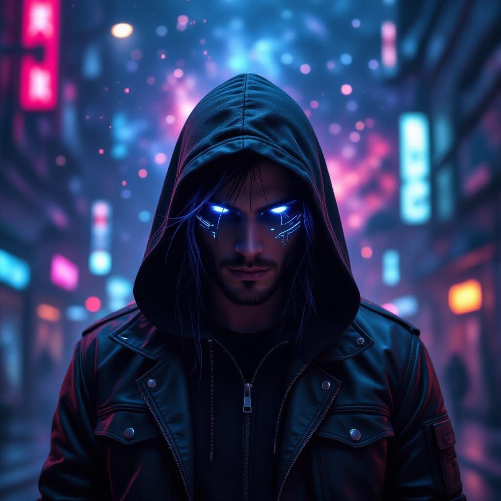 Cyberpunk Hacker: A Living Galaxy in Neon Noir Style
