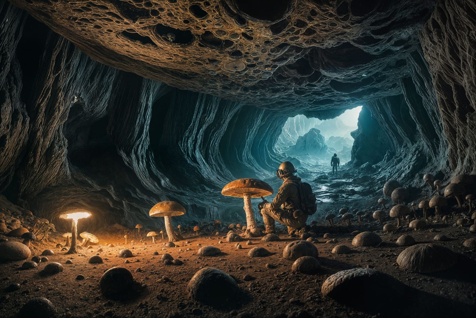 Space Explorer in Alien Cave with Fungi