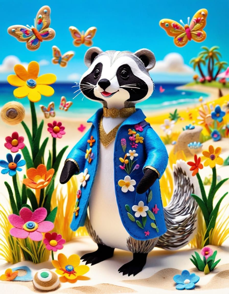Felt Art American Badger Enjoying Beach Holiday