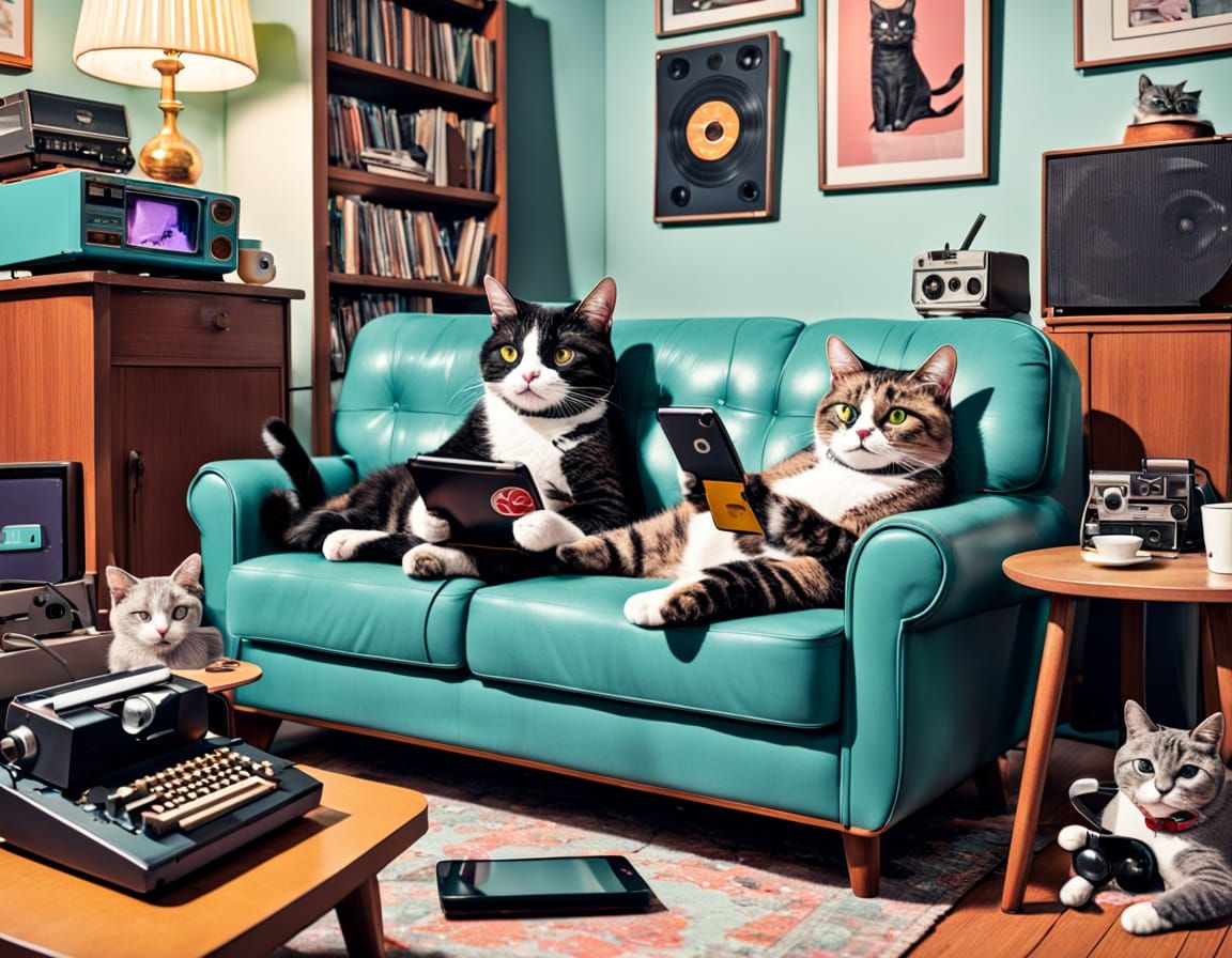 Cats as Generations in Retro Living Room