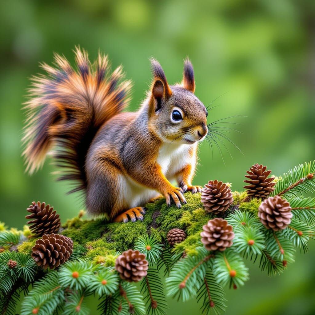 Squirrel Climbing Spruce Branch in Wildlife Photography Styl...