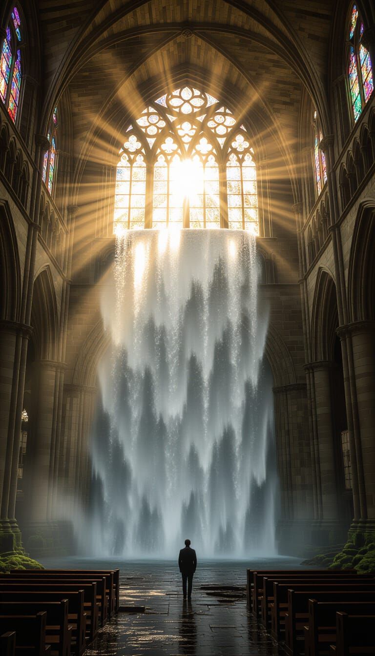 Crystalline Waterfall in Abandoned Cathedral at Golden Hour
