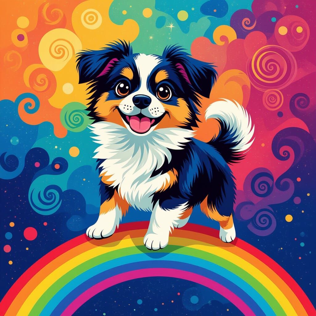 Cute Dog Balancing on Rainbow in Anime Style