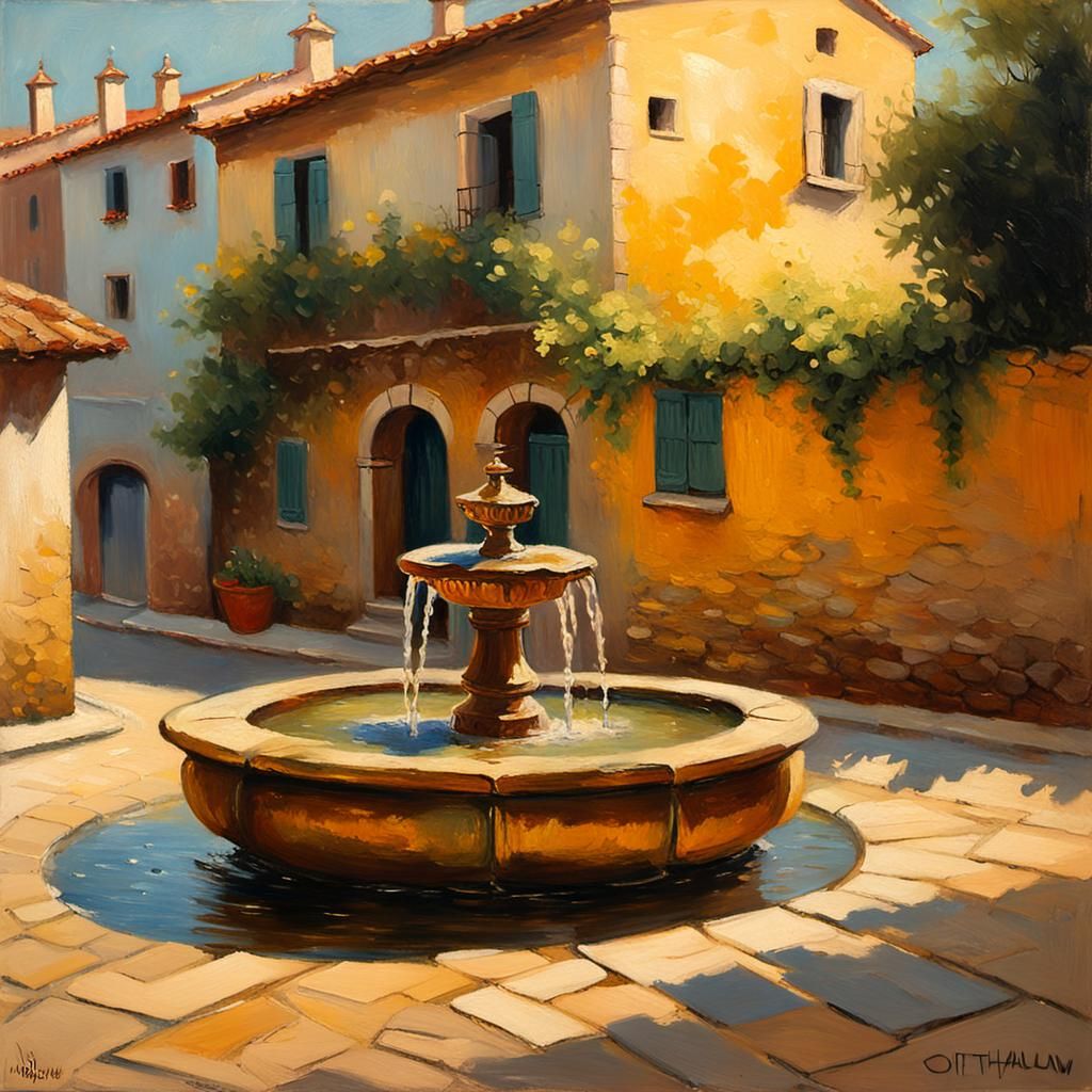 Spanish Fountain in Golden Light: Impressionist Oil Painting
