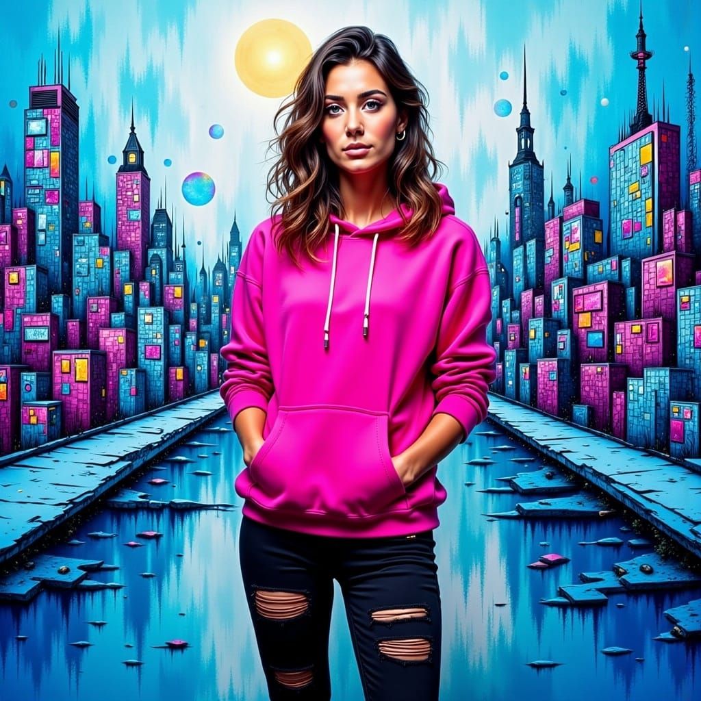 Vibrant Street Art of Urban Goddess in Cerulean Cityscape