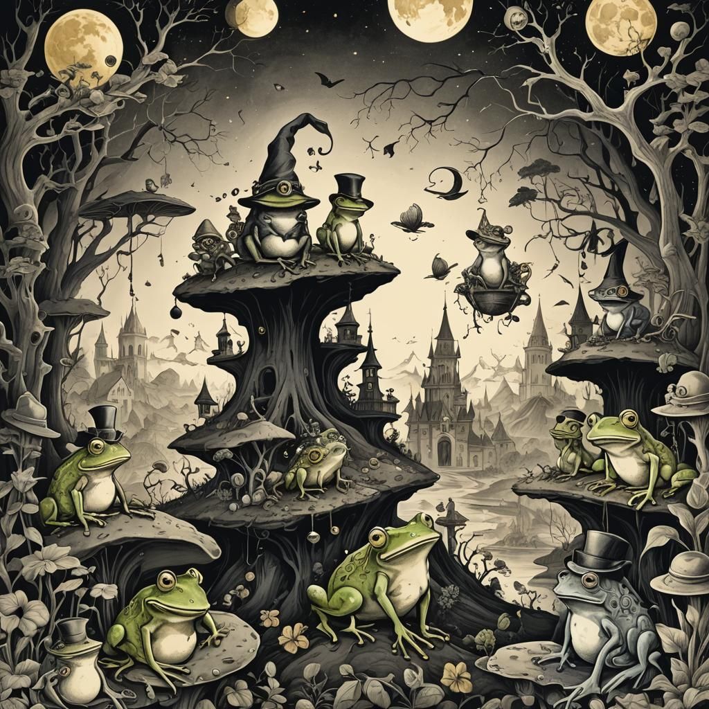 Frogs in Hats: A Whimsical Ink Illustration