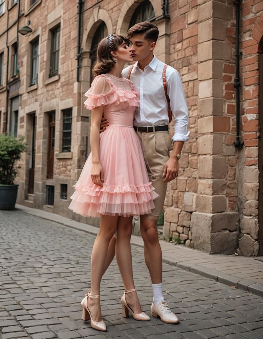 Two People in Summer Dresses Kissing in Old Town