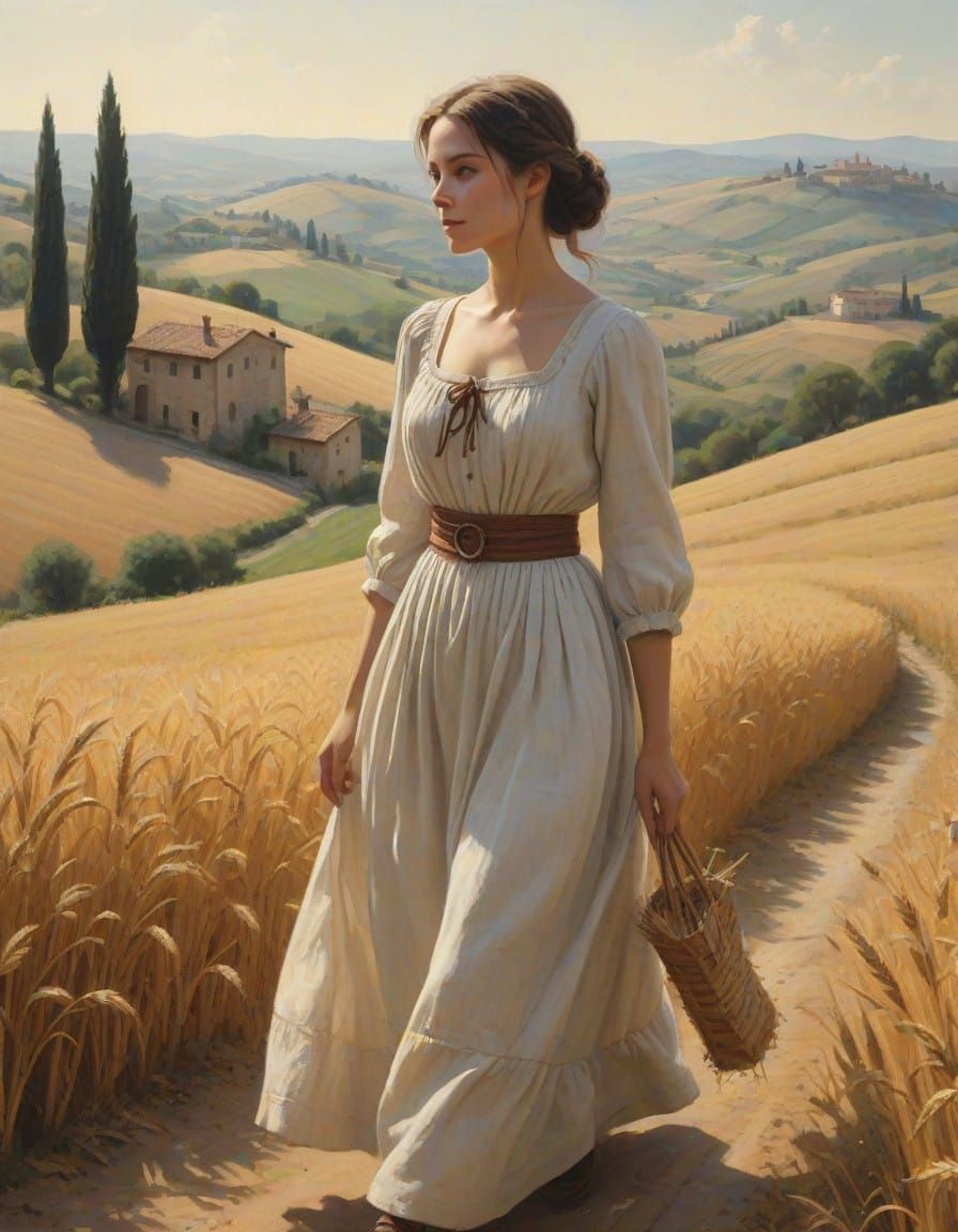 Woman Gathering Wheat in 19th-Century Italian Landscape