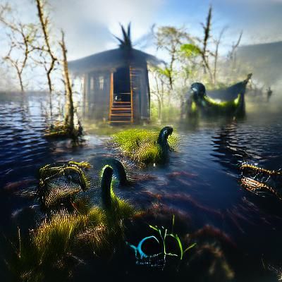 Cabin in Misty Swamp Landscape