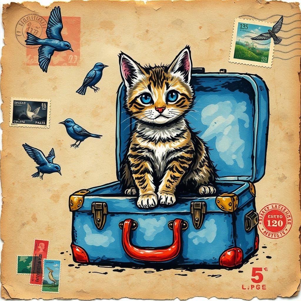 Vintage-Style Cat in Distressed Suitcase