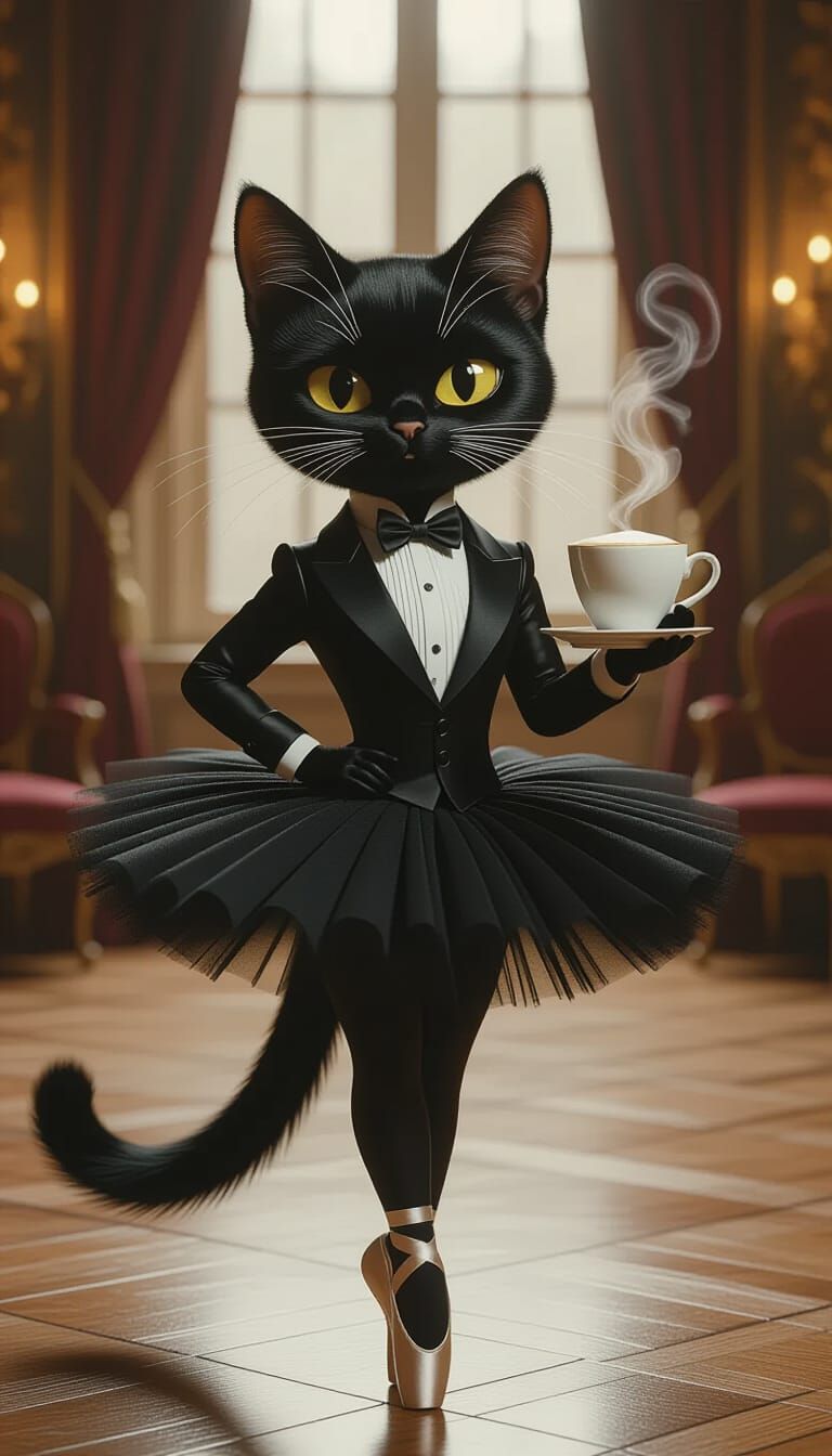 Black Cat Ballerina in Ballroom, Film Noir Style