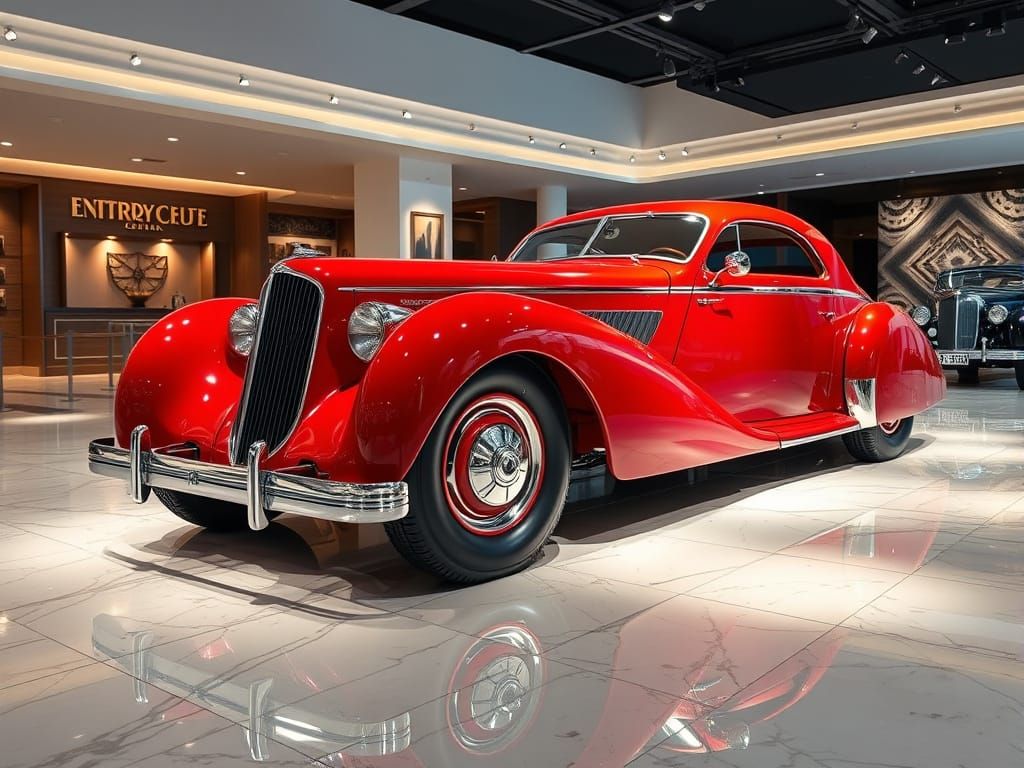 Vintage Red Car in Art Deco Showroom