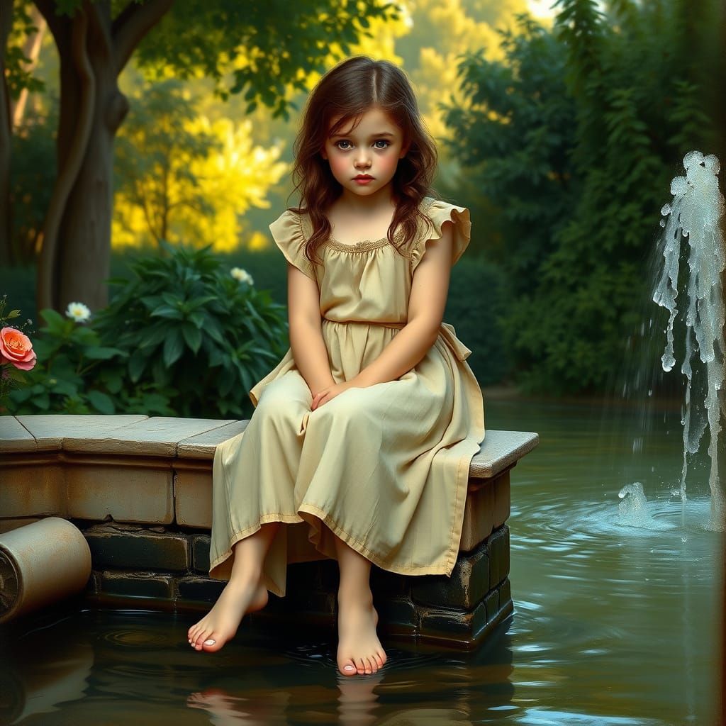 Sad Girl by Fountain in Romantic Realism Style
