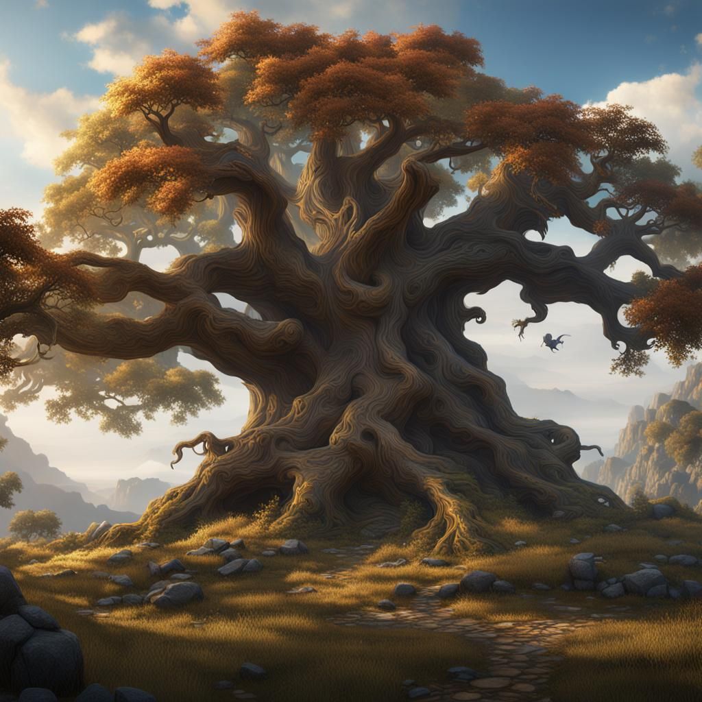 Oak Tree Aurora: Fantastical Digital Matte Painting
