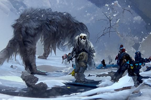 Sinister Yeti Chasing Campers in Snowy Landscape