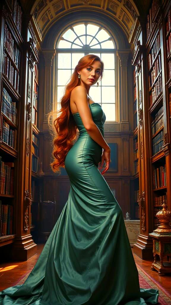 Elegant Woman in Library, Baroque Style