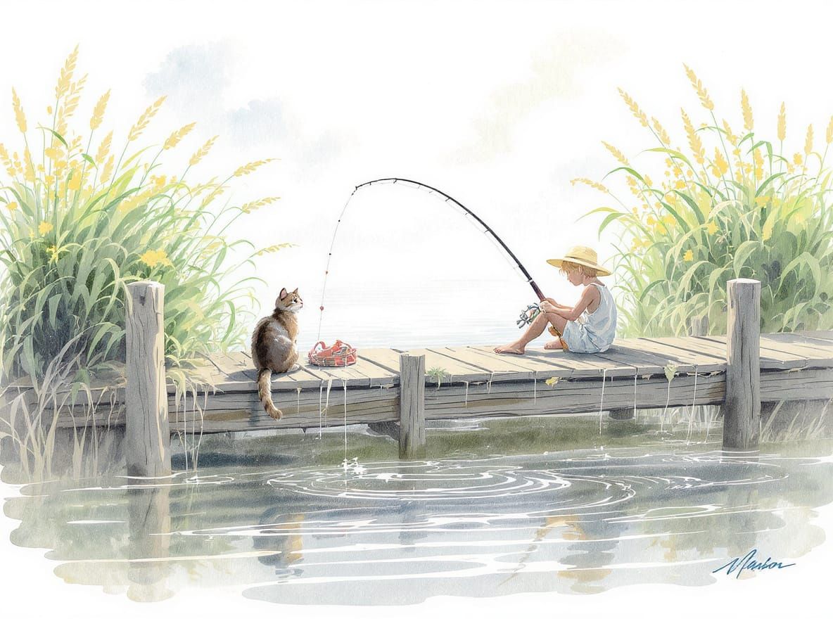 Boy and Cat Fishing on Jetty: Watercolor Painting