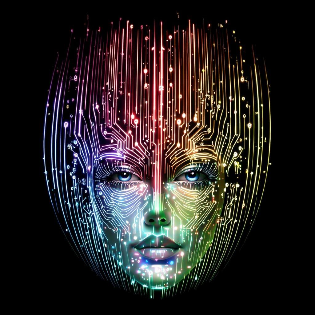 Photorealistic Woman's Face Smiling Inside Circuit Board