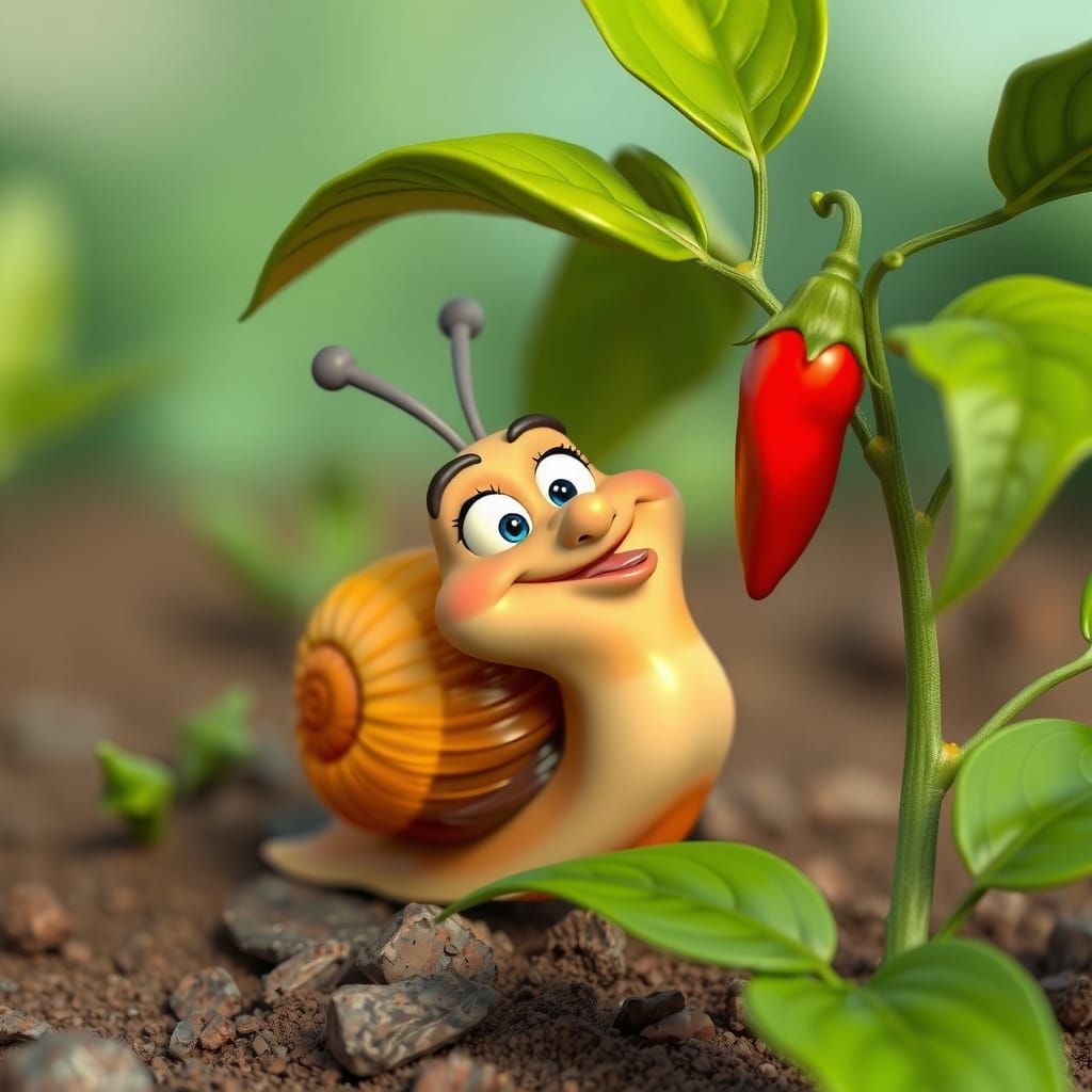Happy Snail Crawling Towards a Chili, 3D Comic Art