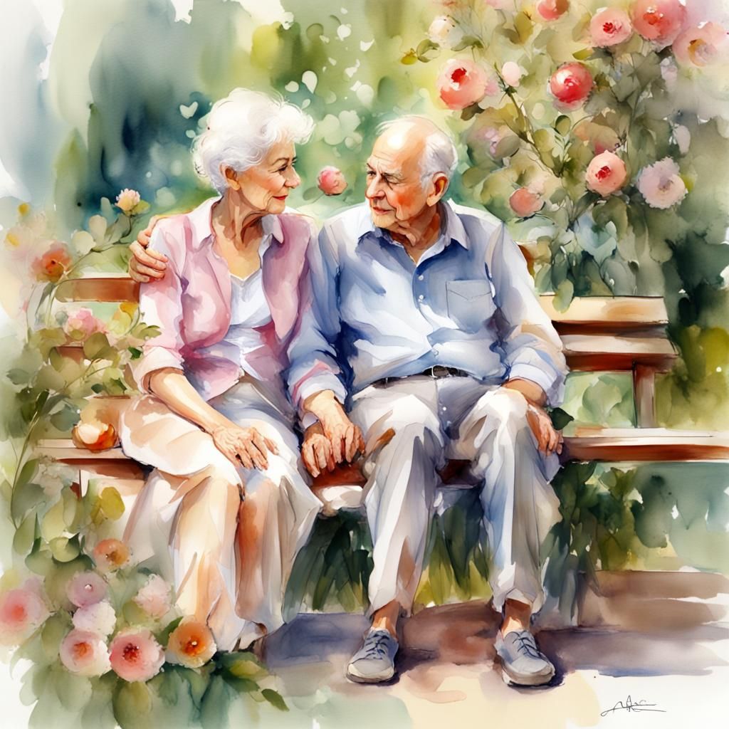 Grandparents in Love in a Blooming Garden as Digital Waterco...