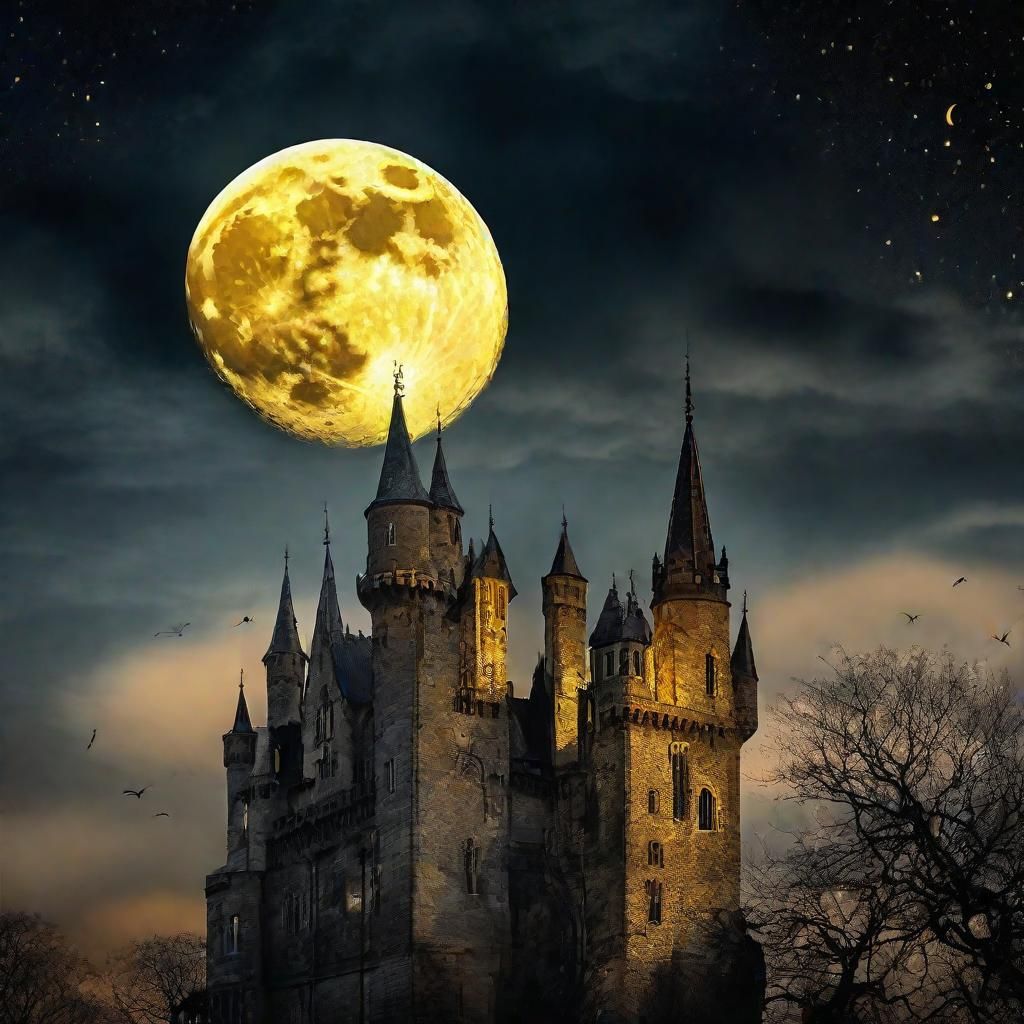 Gothic Castle Double Exposure Under Golden Moon
