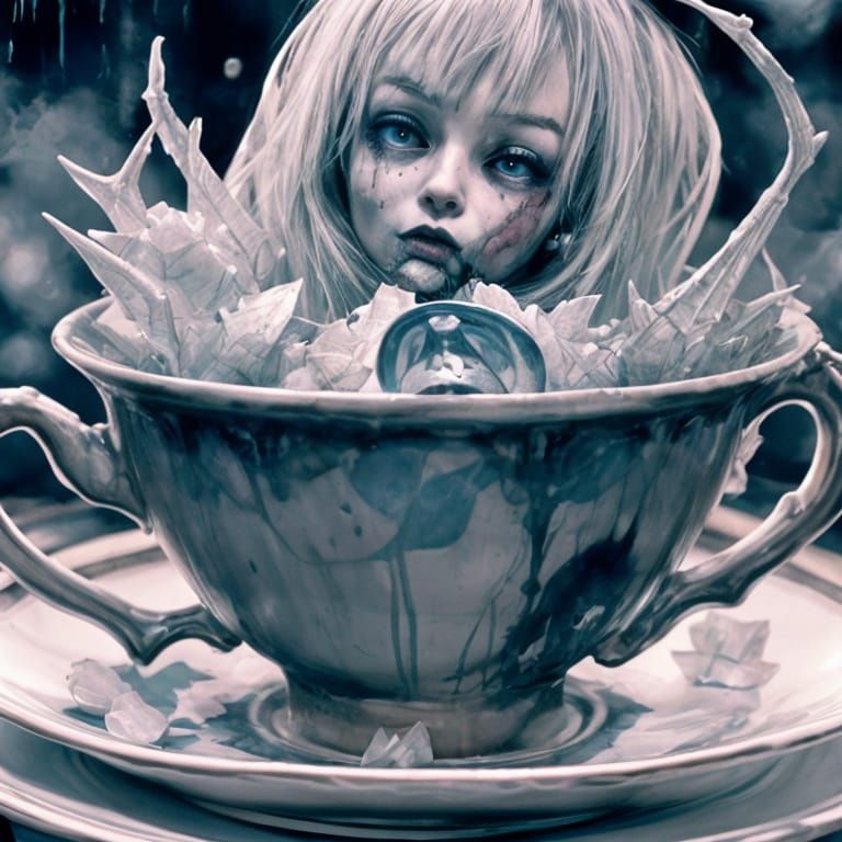 Icy Teacup Statue: Horror Art Masterpiece