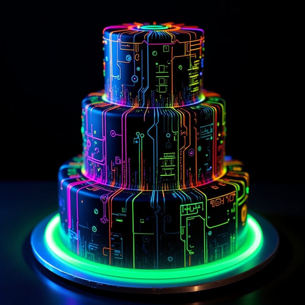 Futuristic Neon Circuit Board Cake in Digital Painting Style